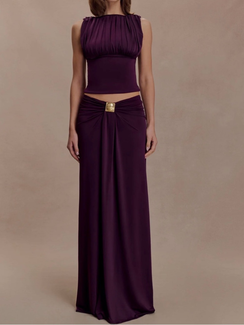 Two-Piece Plum Maxi Skirt and Crop Top Set